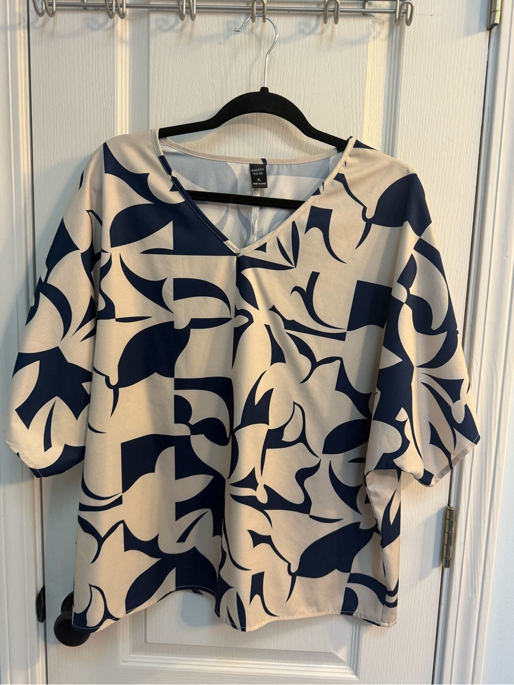 Koret Cream and Navy Abstract V-Neck Blouse